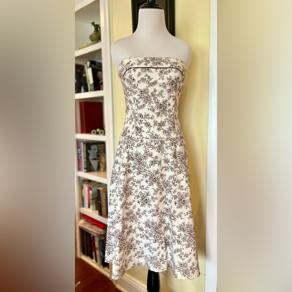 Y2K Dress Strapless Sundress Teeze Me Cream and Brown Floral Toile Print SZ: XS